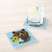 ブラウンベアーブルーの花の羽 ガラスコースター (アングル)