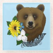 ブラウンベアーブルーの花の羽 ガラスコースター (正面)