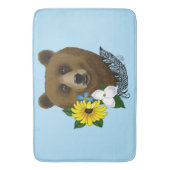 ブラウンベアーブルーの花の羽 バスマット (正面縦)