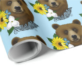 ブラウンベアーブルーの花の羽 ラッピングペーパー (ロールコーナー)