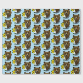 ブラウンベアーブルーの花の羽 ラッピングペーパー (フラット)