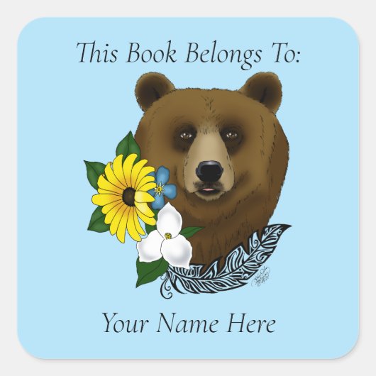 ブラウンベアーブルーフラワーズフェザー蔵書票 スクエアシール (正面)