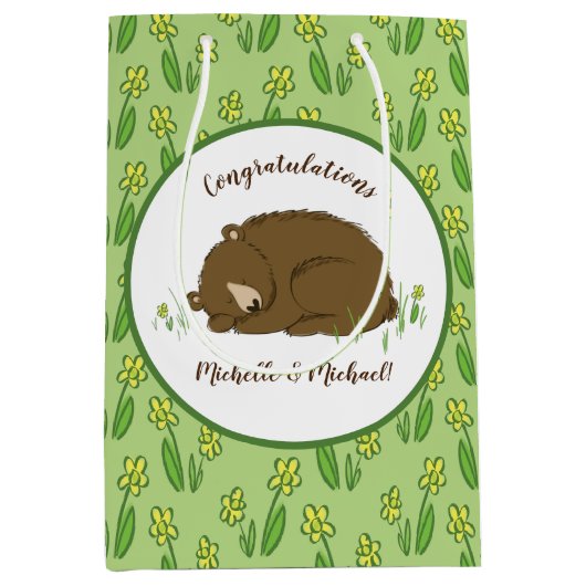 ブラウンベア赤ちゃんシャワーウッドランド動物 ミディアムペーパーバッグ (正面)