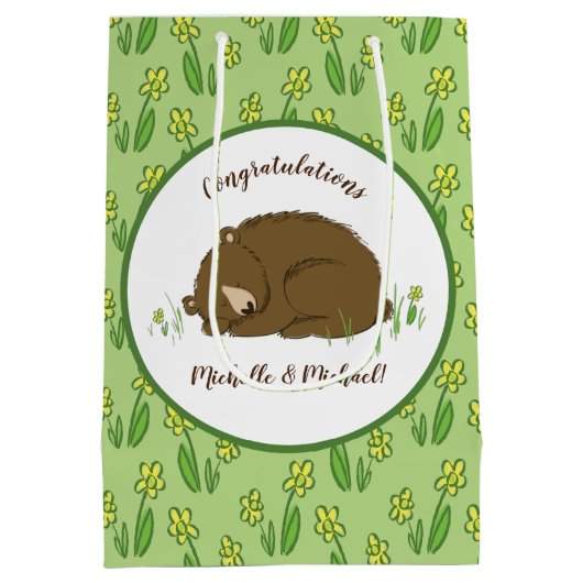 ブラウンベア赤ちゃんシャワーウッドランド動物 ミディアムペーパーバッグ (裏面)