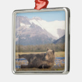 ブラウンベア、グリズリーベアの背中を伸ばす メタルオーナメント (左)