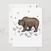 ブラウンベア&フォレストイチゴイラストレーション ポストカード (正面/裏面)