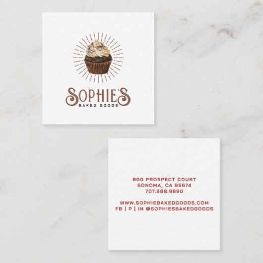 ブラウンベイカーベーカリーカップケーキロゴヴィンテージタイポグラフィ スクエア名刺 (正面/裏面)