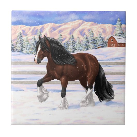 ブラウンベイジプシーバン荷車を引くナーホースに雪 タイル (正面)