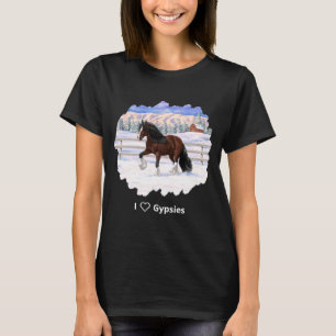 ブラウンベイジプシーバン荷車を引くナーホースに雪 Tシャツ