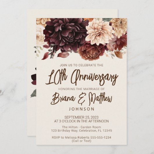 ブラウンベージュアイボリーフローラ結婚10周年 招待状 (正面/裏面)