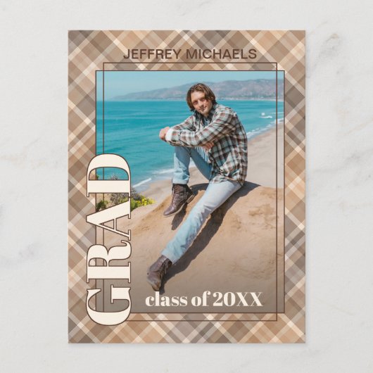 ブラウンベージュタータンチェックプライド卒業発表 ポストカード (正面)