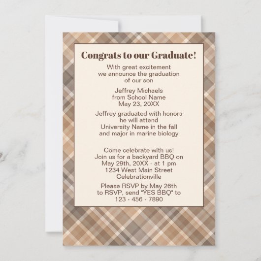 ブラウンベージュタータンチェックプライド卒業発表 案内状 (裏面)