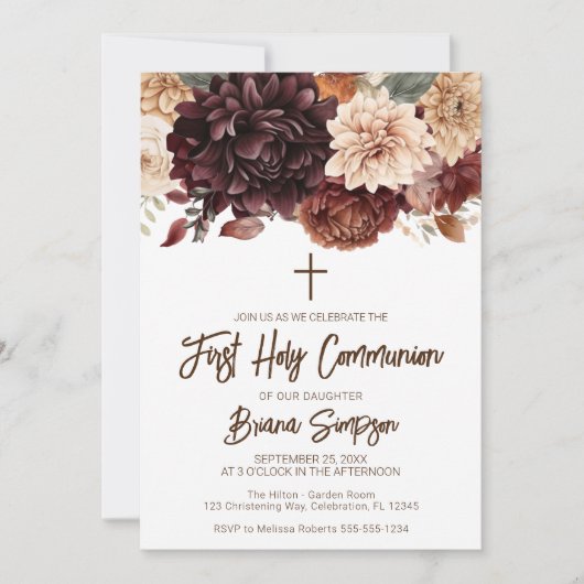ブラウンベージュフラワーズファーストフローラ聖餐式 招待状 (正面)