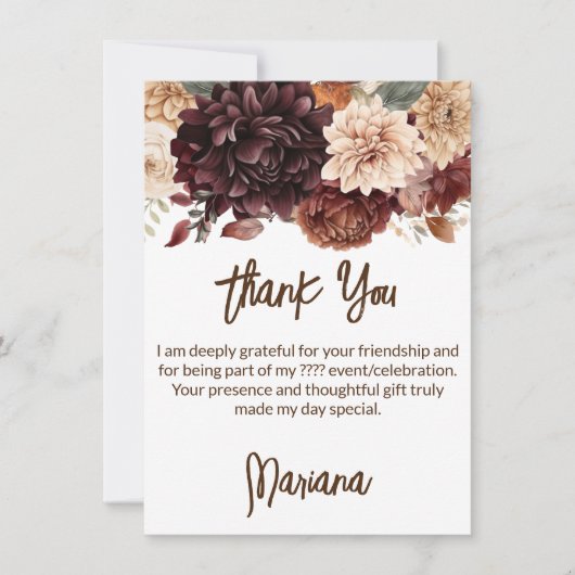 ブラウンベージュフラワーズフローラパーティーサンキューカード 招待状 (正面)