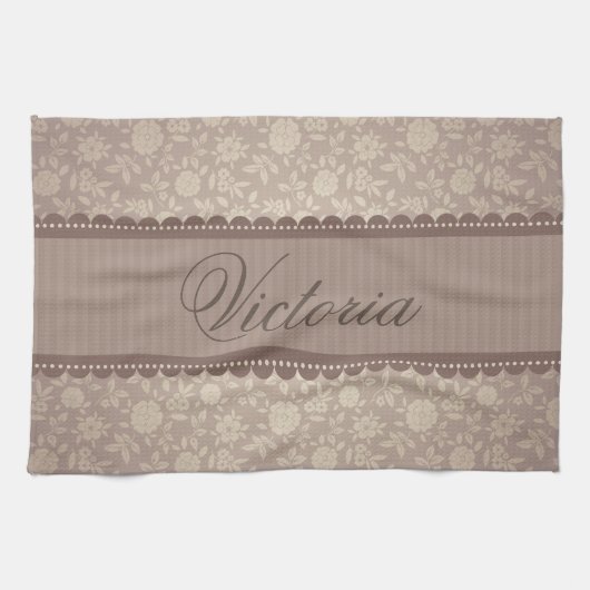 ブラウンベージュフラワーパターンカスタム文字 キッチンタオル (横)