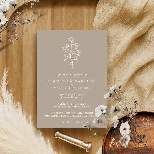 ブラウンベージュフラワーブーケボホボタニミニマルカル 招待状