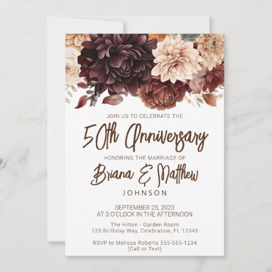 ブラウンベージュフローラ結婚50周年 招待状 (正面)