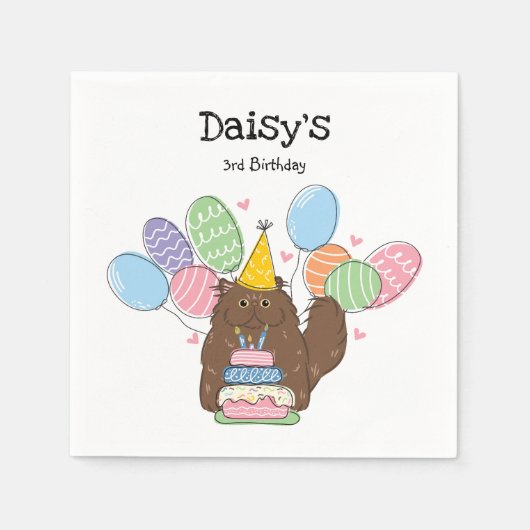 ブラウンペルシャ猫ロングヘア誕生日紙ナプキンス スタンダードカクテルナプキン (正面)