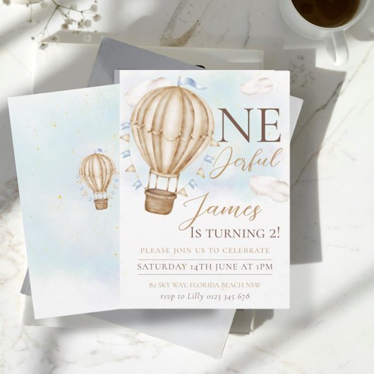 ブラウンホットエアバルーン空の雲バースデーパーティー 招待状