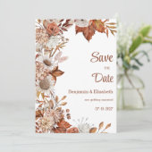 ブラウンホワイトオレンジの秋フローラ素朴な日付を保存 招待状 (スタンド正面)