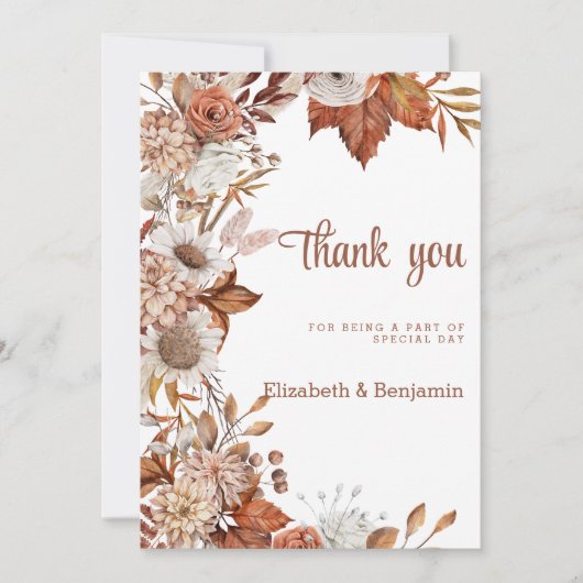 ブラウンホワイトオレンジ秋フローラ素朴ありがとう 招待状 (正面)