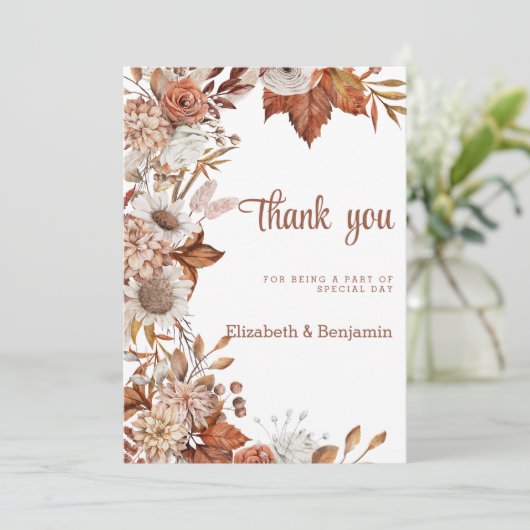 ブラウンホワイトオレンジ秋フローラ素朴ありがとう 招待状 (スタンド正面)