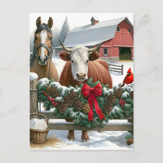 ブラウンホースと牛のクリスマスファーム ポストカード (正面)