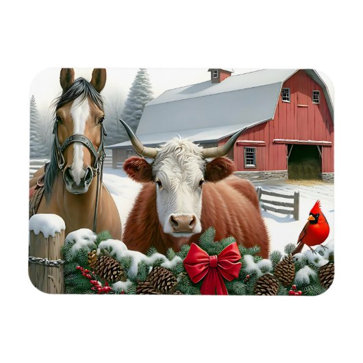 ブラウンホースと牛のクリスマスファーム マグネット (横)
