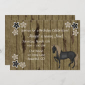 ブラウンホースと花フェイクバーンウッド誕生日 招待状 (正面/裏面)