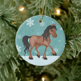 ブラウンホースパーソナライズされたスノーホリデークリスマス セラミックオーナメント