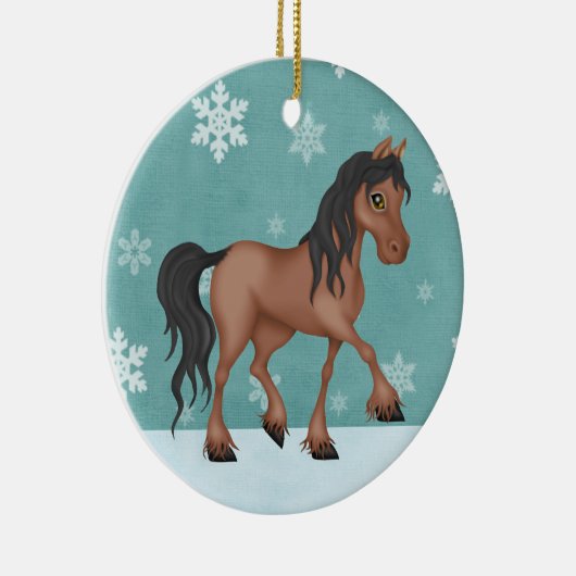 ブラウンホースパーソナライズされたスノーホリデークリスマス セラミックオーナメント (右)