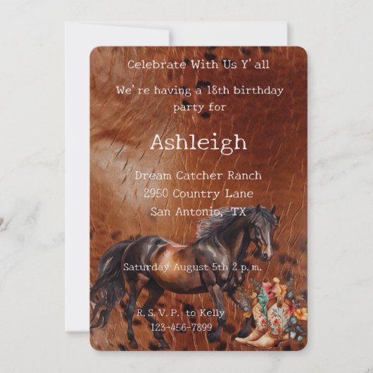 ブラウンホースフローラ女性のカーボーイブーツ誕生日 招待状 (正面)