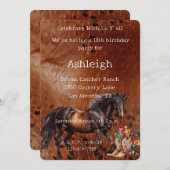ブラウンホースフローラ女性のカーボーイブーツ誕生日 招待状 (正面/裏面)