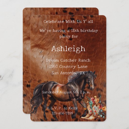 ブラウンホースフローラ女性のカーボーイブーツ誕生日 招待状 (正面/裏面)