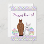 ブラウンホース、ホワイトバニーと卵のハッピーイースター シーズンポストカード (正面/裏面)