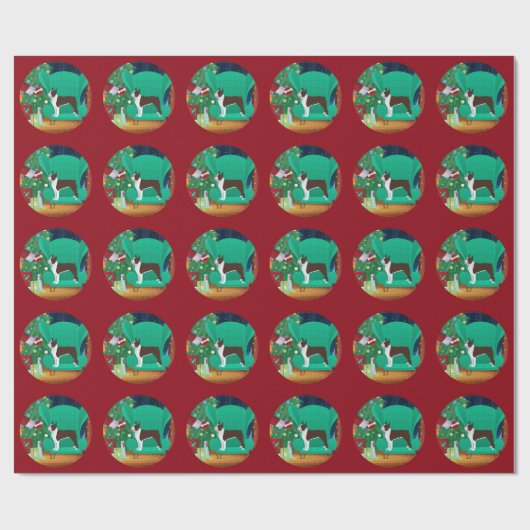 ブラウンボストンテリアとサンタの贈り物 ラッピングペーパー (フラット)