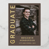 ブラウンボーイフォトゴールドフォイル卒業発表 箔招待状ポストカード (正面)