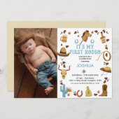 ブラウンマイファーストRodeo Cowboy写真1st誕生日 招待状 (正面/裏面)