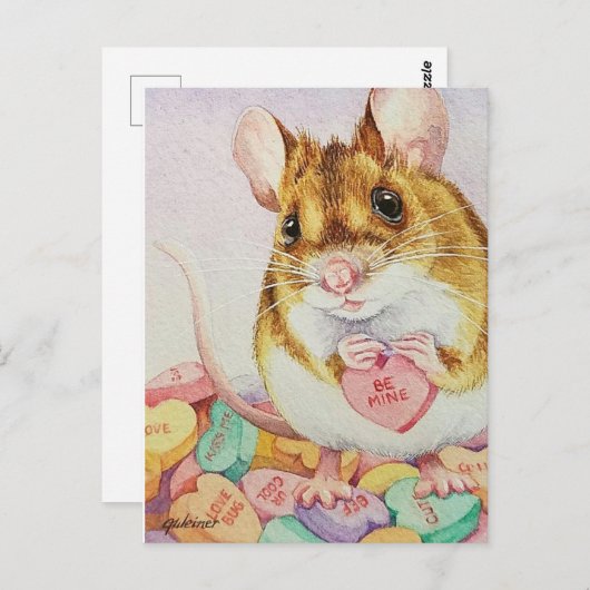 ブラウンマウス私のバレンタインキャンディウォーターカラーアート ポストカード (正面/裏面)