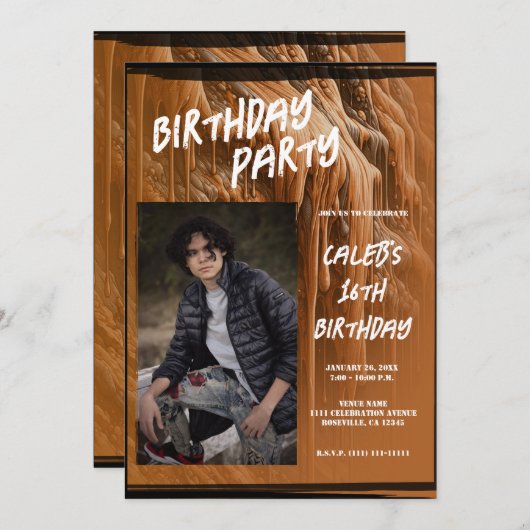 ブラウンマッドフォトモダン誕生日 招待状 (正面/裏面)