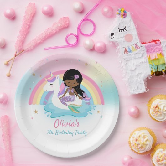 ブラウンマーメイドとユニコーンプール誕生日パーティー ペーパープレート (パーティー)
