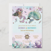 ブラウンマーメイドホエールパイレーツツインズジョイント誕生日 招待状 (正面)