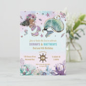 ブラウンマーメイドホエールパイレーツツインズジョイント誕生日 招待状 (スタンド正面)