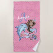 ブラウンマーメイド名前をカスタムするガールピンク ビーチタオル (正面)