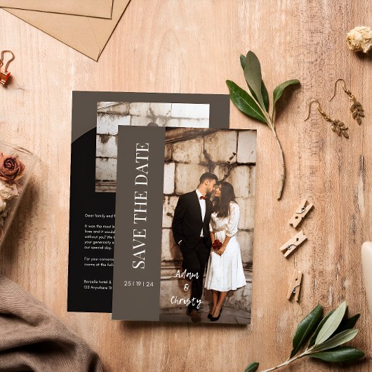 ブラウンミニマルパーソナライズされたリスト結婚ブラックフォト 招待状