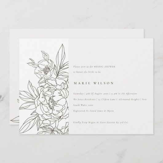 ブラウンミニマルフローラスエレガントケッチブライダルシャワー 招待状 (正面/裏面)