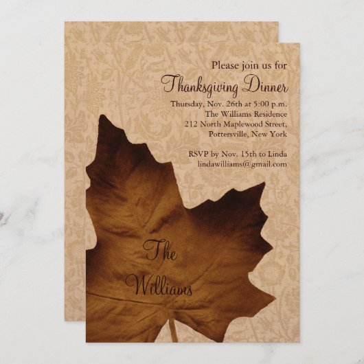 ブラウンメープルリーフサンクスギビングディナー招待状 招待状 (正面/裏面)