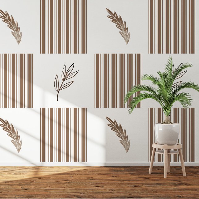 ブラウンモダンストライプ&リーフの皮とスティック 壁紙 (Modern Brown Stripe & Leaf Peel and Stick Wallpaper)