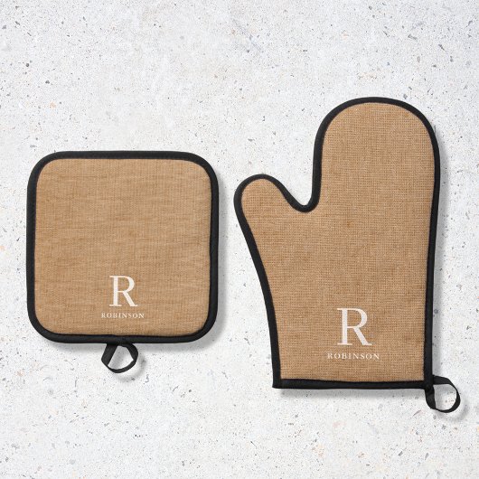 ブラウンモダンバ素朴ラップの家族の名前モノグラム 鍋つかみ&鍋敷きセット