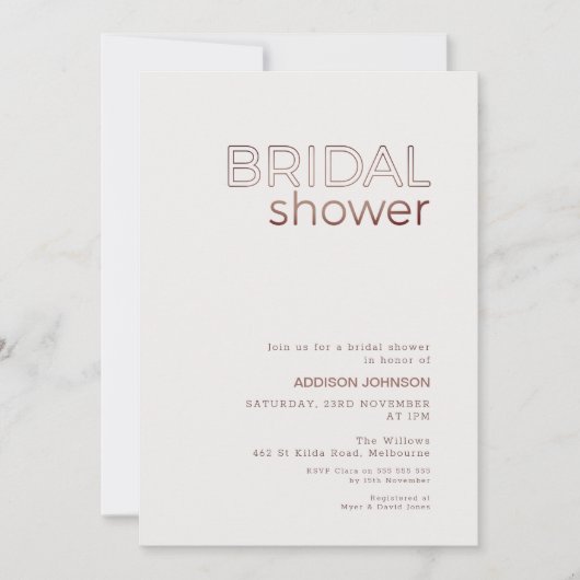 ブラウンモダン文字ミニマルブライダルシャワー 招待状 (正面)